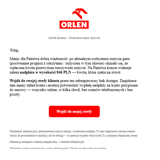 Przykład fałszywej wiadomości- Podsumowanie Twojego rozliczenia- nadpłata do wypłaty