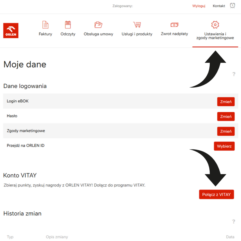 Widok z ekranu aplikacji eBOK pokazujący, gdzie należy kliknąć, aby powiązać konta.