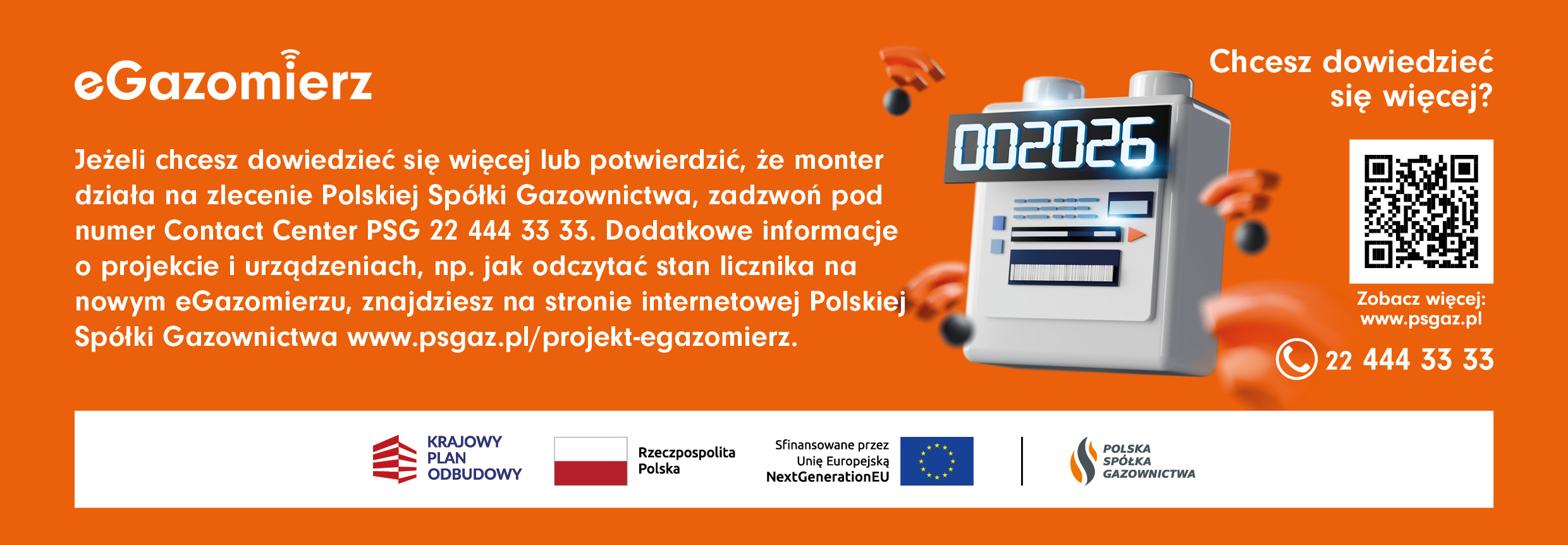 Baner zachęcający do odwiedzenia strony Polskiej Spółki Gazownictwa wraz z kodem QR, numerem telefonu i sponsorami.